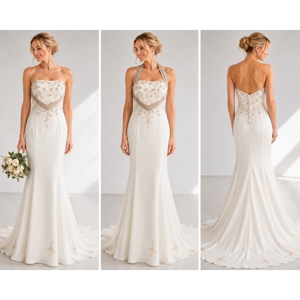 Sincerity‎ Bridal Ivory Beaded Wedding Gown 8 Convertible Strapless Halter Train